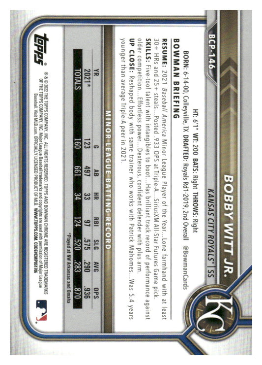 2022 Bowman #BCP-146 Bobby Witt Jr. Chrome Prospects