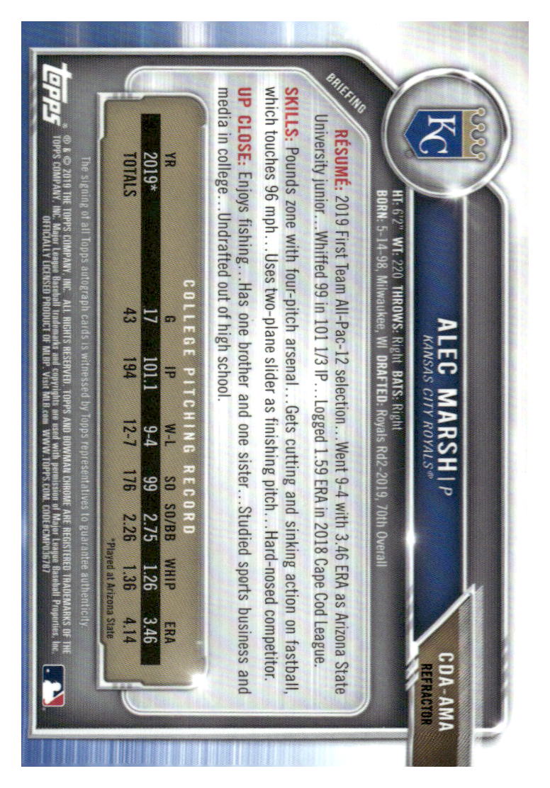 2019 Bowman Draft #CDA-AMA Alec Marsh Chrome Draft Pick Auto Refractor #/499