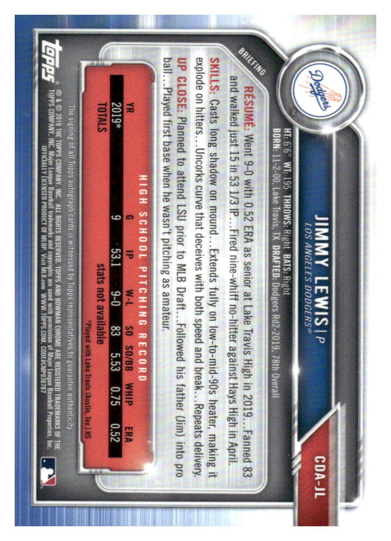 2019 Bowman Draft #CDA-JL Jimmy Lewis Chrome Draft Pick Autographs