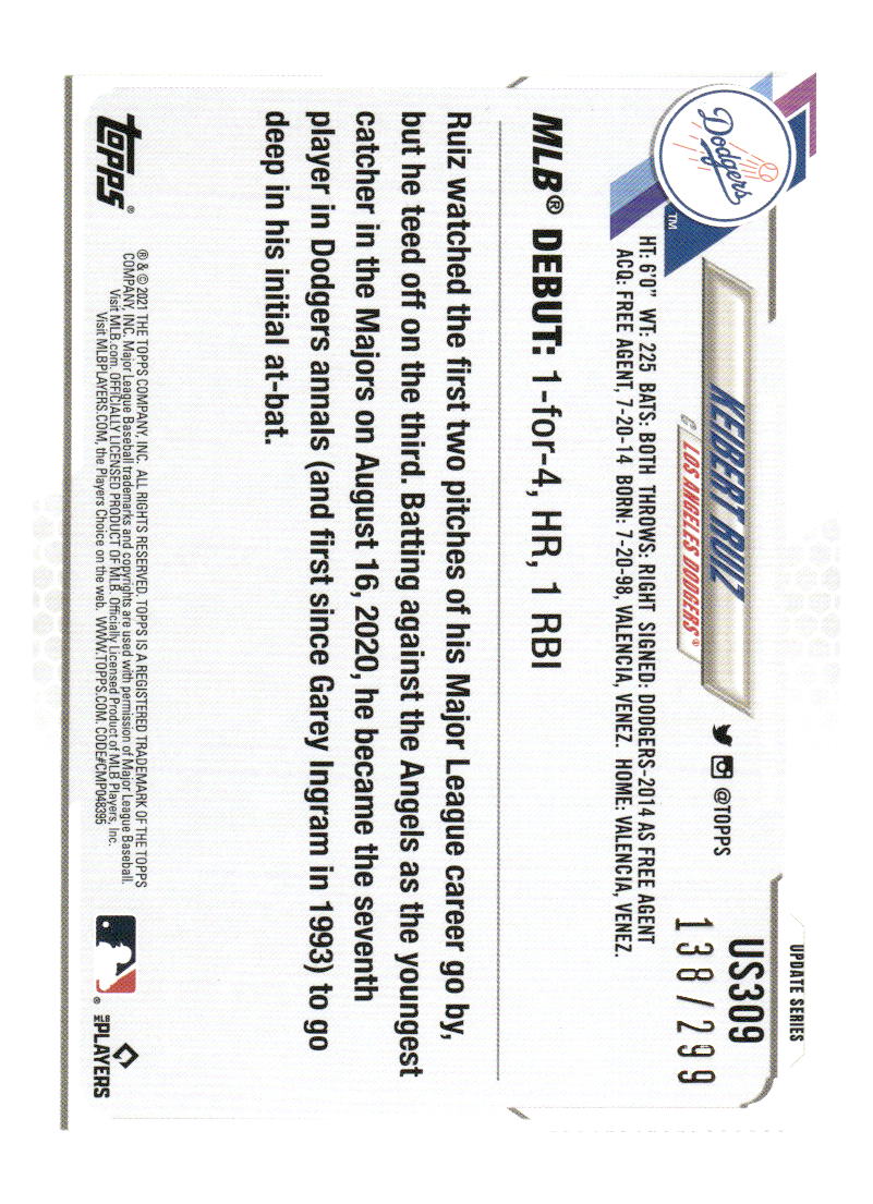 2021 Topps Update #US309 Keibert Ruiz Orange Foilboard #/299