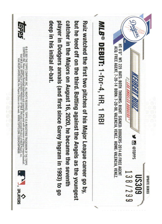 2021 Topps Update #US309 Keibert Ruiz Orange Foilboard #/299