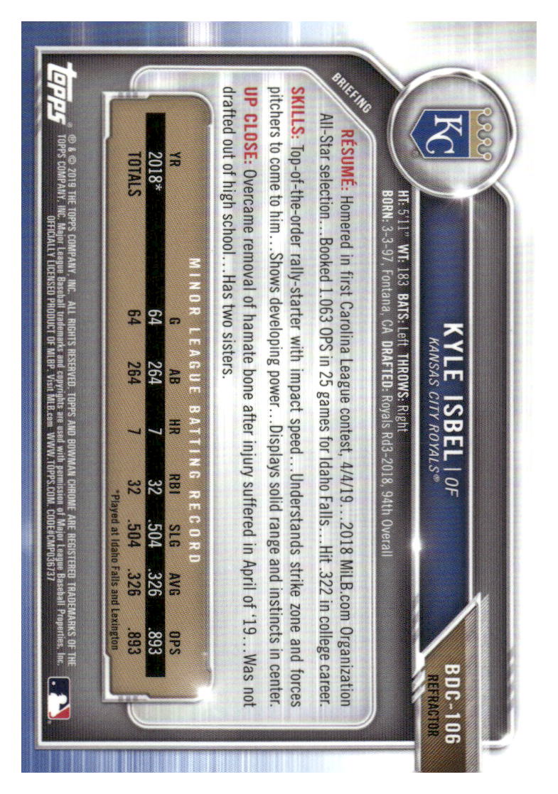 2019 Bowman Draft #BDC-106 Kyle Isbel Chrome Refractor