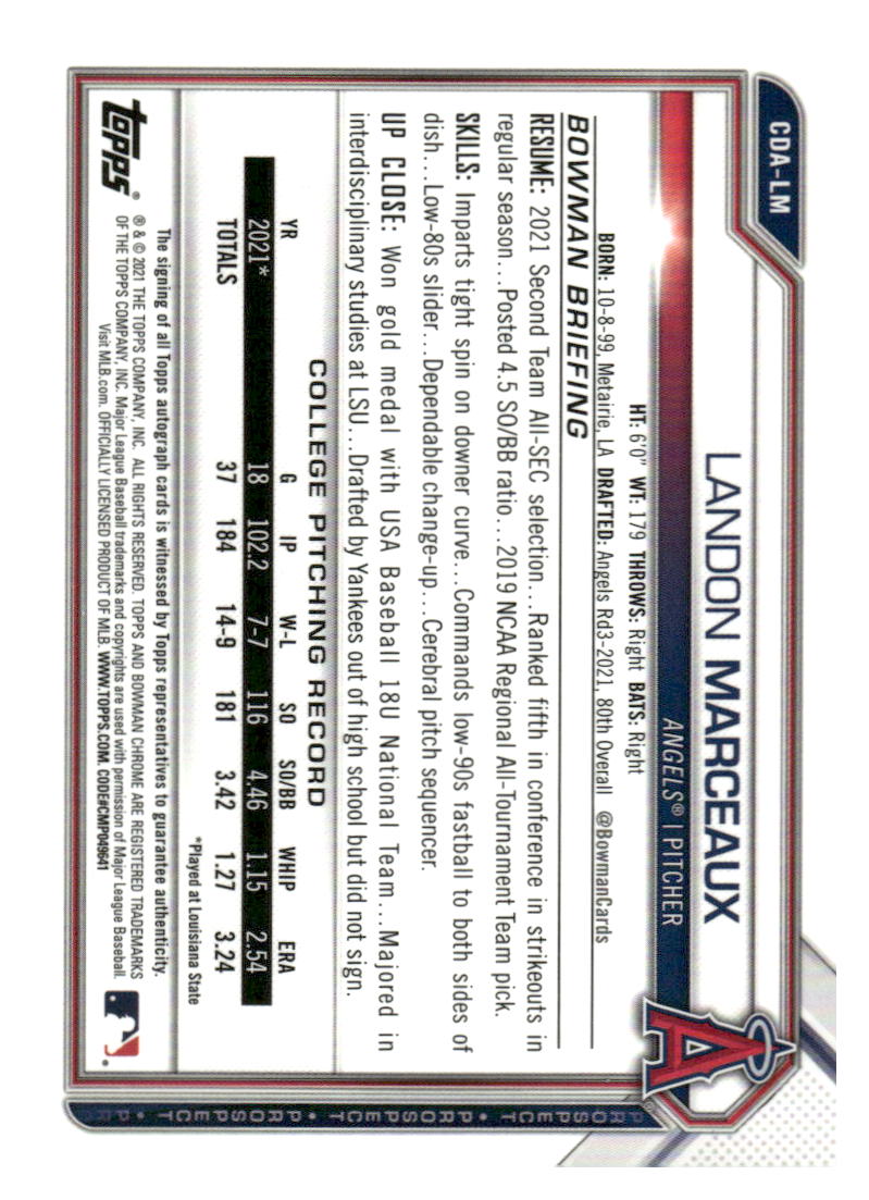 2021 Bowman Draft #CDA-LM Landon Marceaux Chrome Draft Pick Autographs