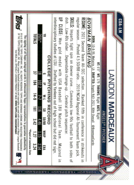 2021 Bowman Draft #CDA-LM Landon Marceaux Chrome Draft Pick Autographs