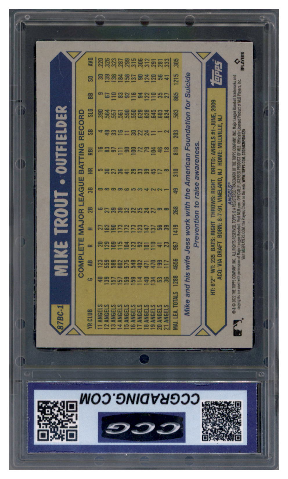 2022 Topps Chrome #87BC-1 Mike Trout 1987 Topps Baseball 35th Anniversary CGC 10