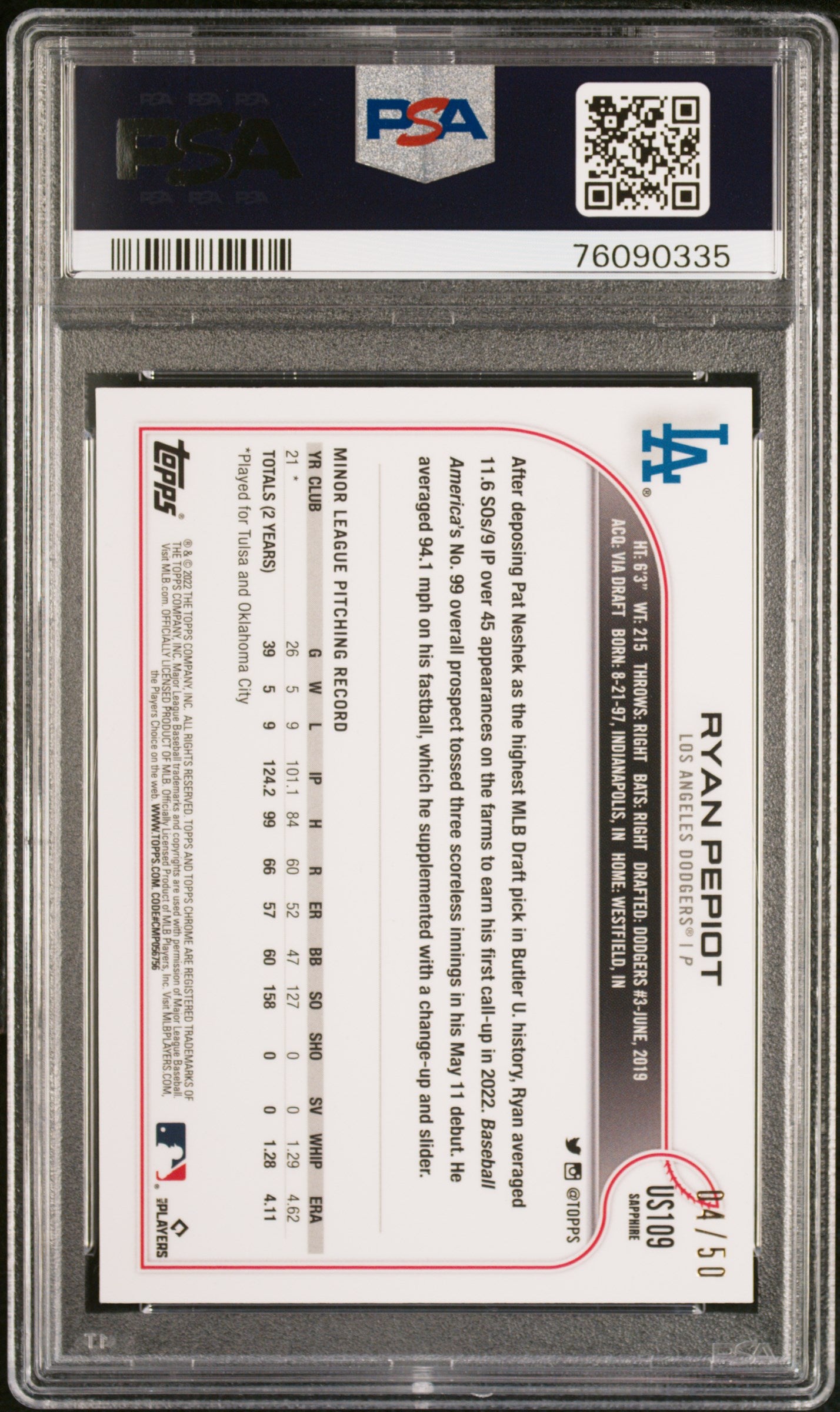 2022 Topps Chrome Update Sapphire Edition #109 Ryan Pepiot Gold PSA 9