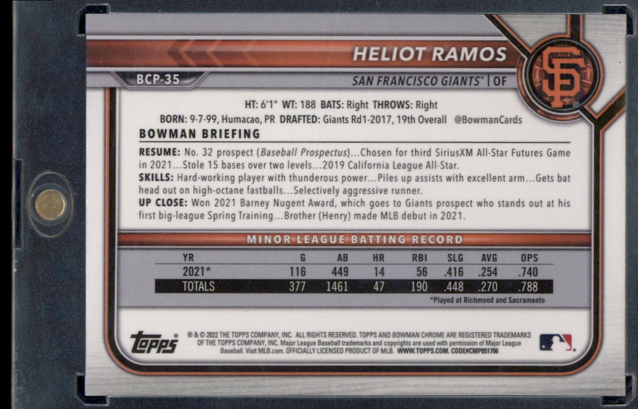 2022 Bowman #BCP-35 Heliot Ramos Chrome Prospects Lava #/399