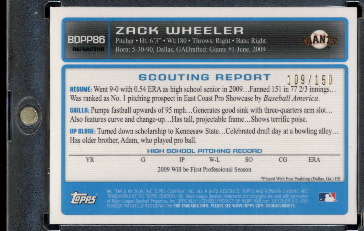 2009 Bowman Draft Prospects Chrome Blue Refractor /150 Zack Wheeler #BDPP86 Auto