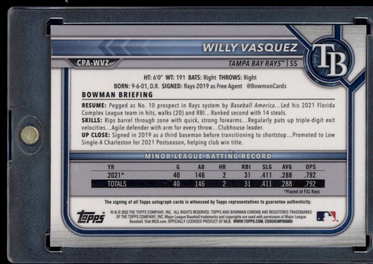 2022 Bowman Chrome #CPA-WVZ Willy Vasquez Prospect Autographs Refractor #/499