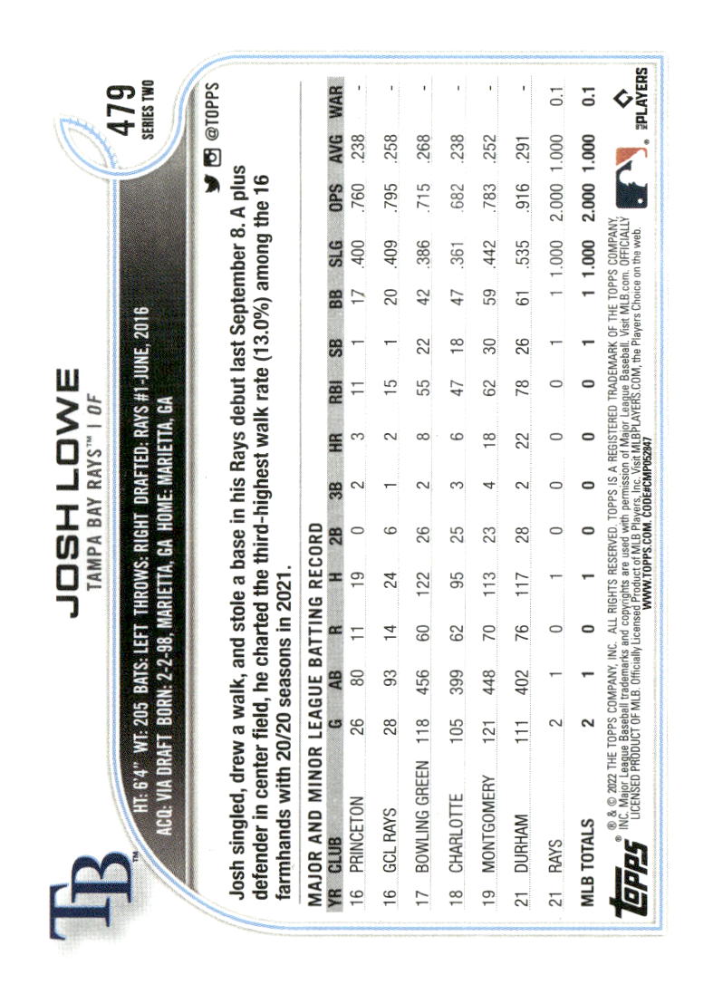 2022 Topps Tampa Bay Rays #TB-16 Josh Lowe