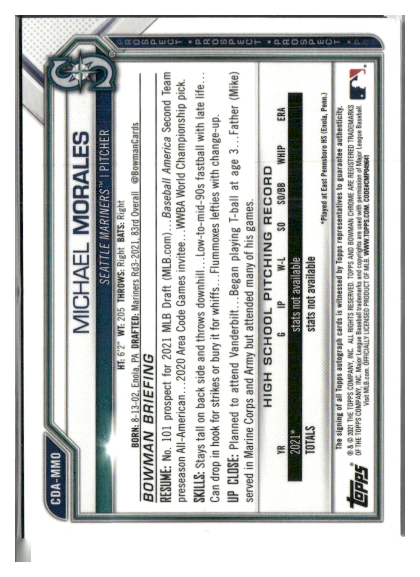 2021 Bowman Draft #CDA-MMO Michael Morales Chrome Draft Pick Autographs
