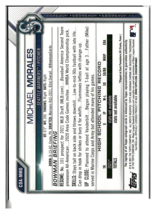 2021 Bowman Draft #CDA-MMO Michael Morales Chrome Draft Pick Autographs