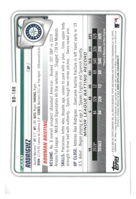 2020 Bowman Draft #BD-188 Julio Rodriguez
