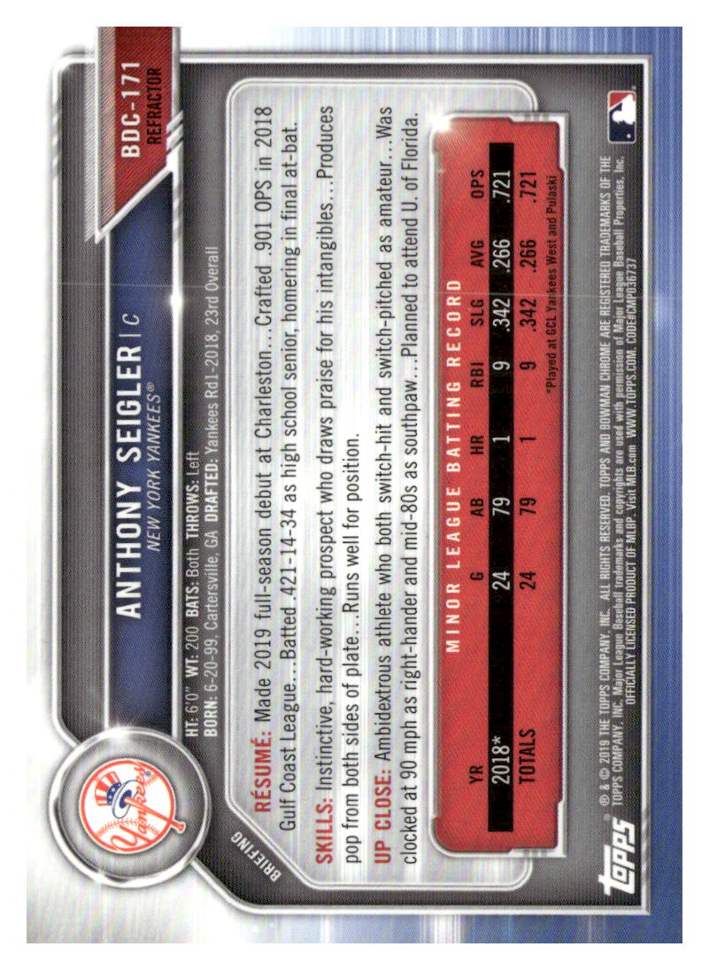2019 Bowman Draft #BDC-171 Anthony Seigler Chrome Sparkle Refractor