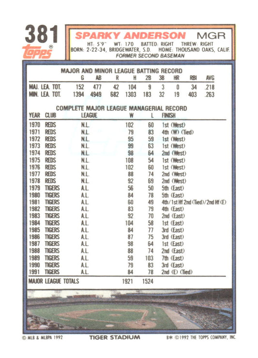 1992 Topps #381 Sparky Anderson