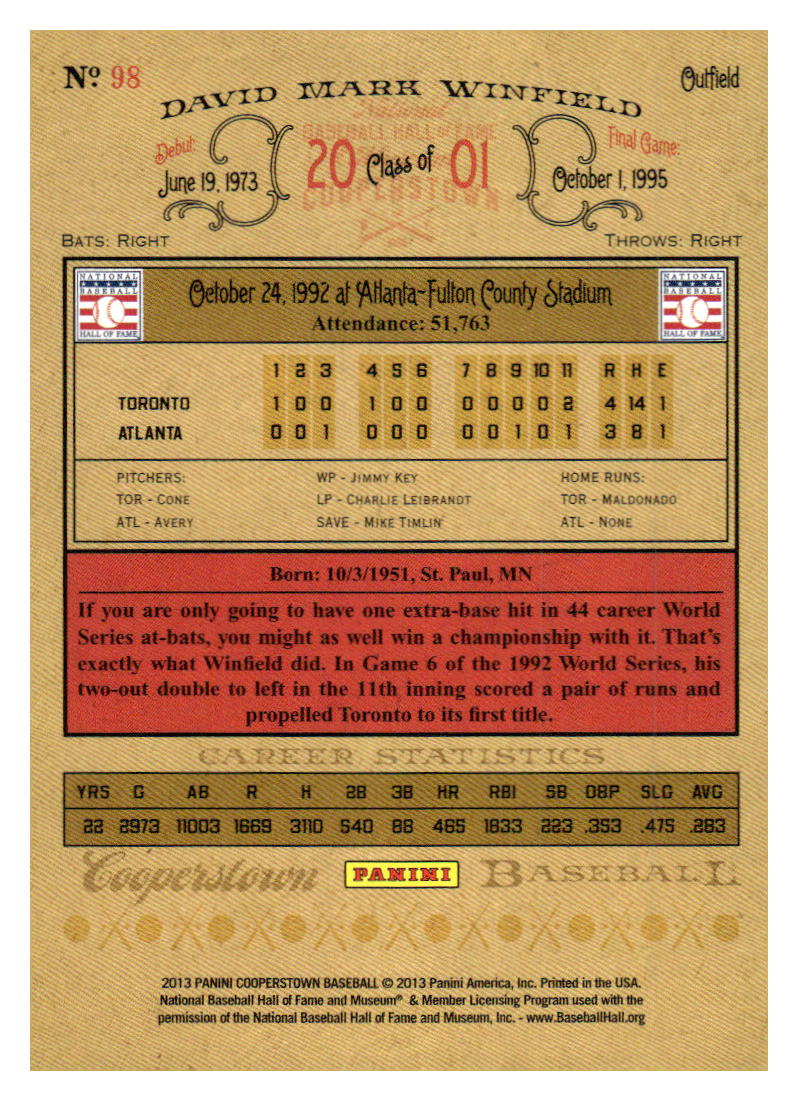 2013 Panini Cooperstown #98 Dave Winfield