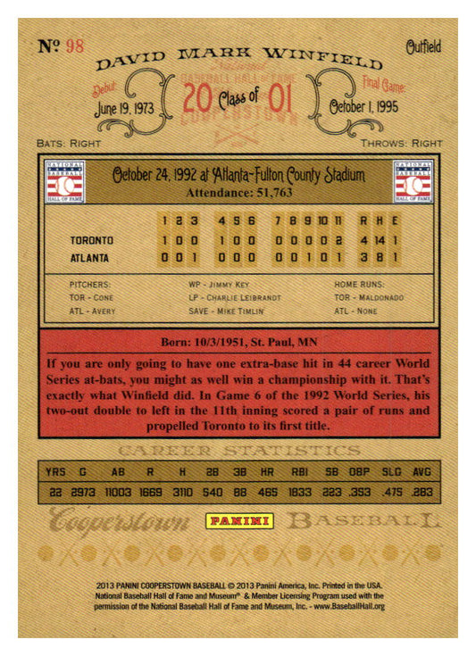 2013 Panini Cooperstown #98 Dave Winfield