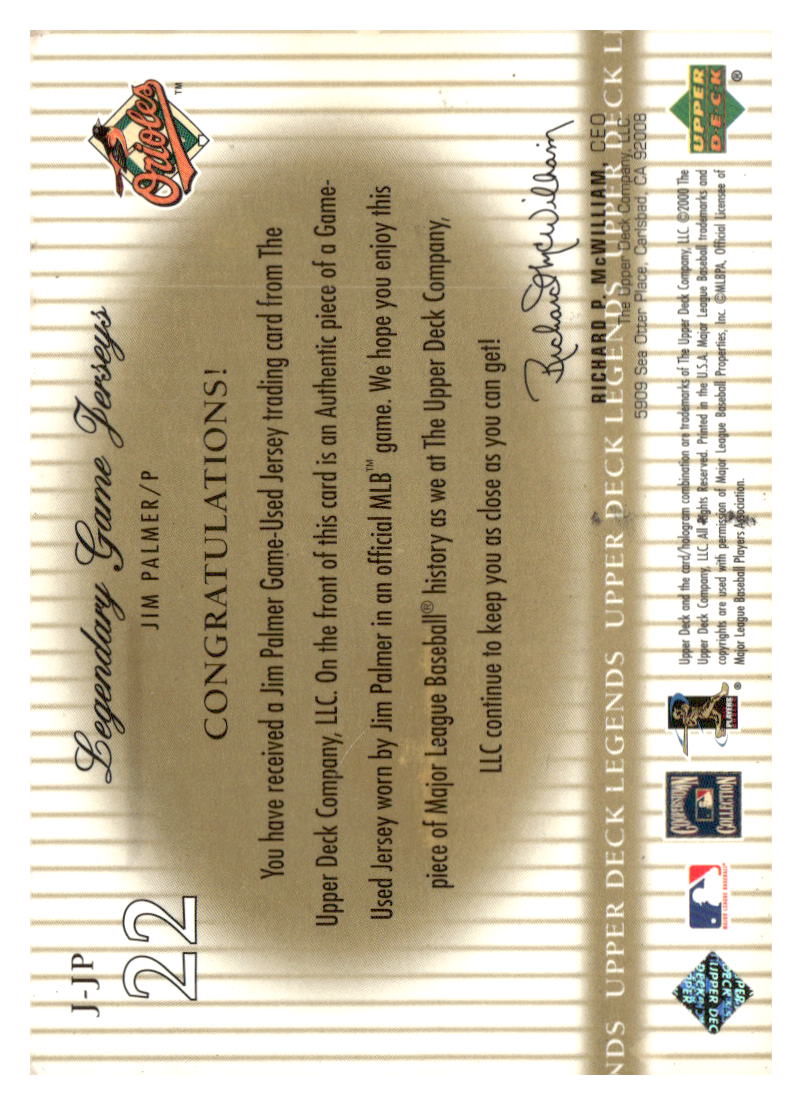 2000 Upper Deck Legends #J-JP Jim Palmer Legendary Game Jerseys