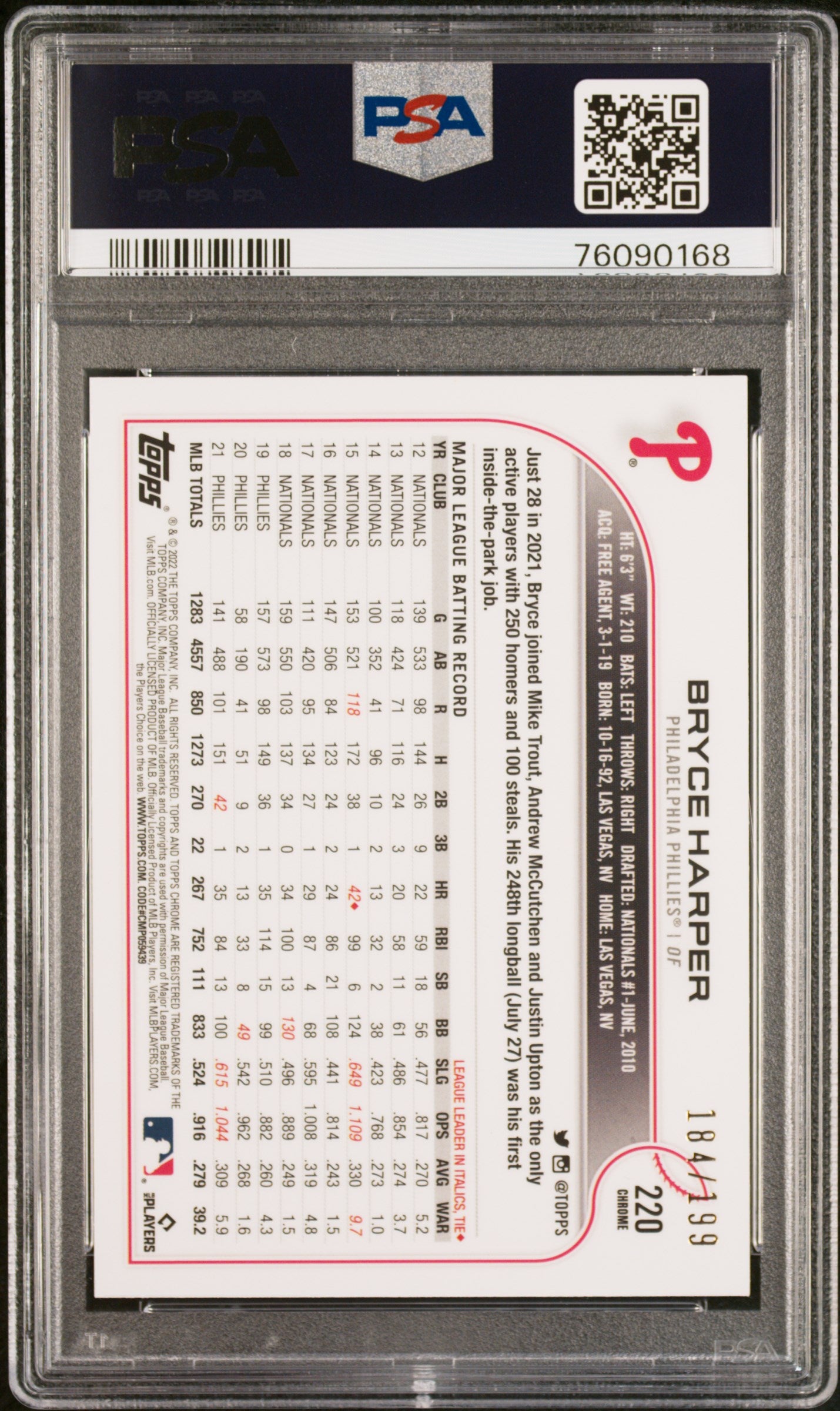 2022 Topps Chrome Sonic #220 Bryce Harper Aqua RayWave Refractor PSA 9 #/199
