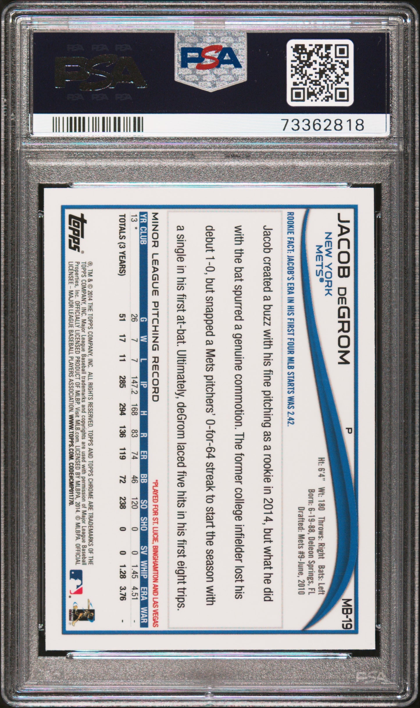 2014 Topps Chrome Update #MB-19 Jacob deGrom PSA 10