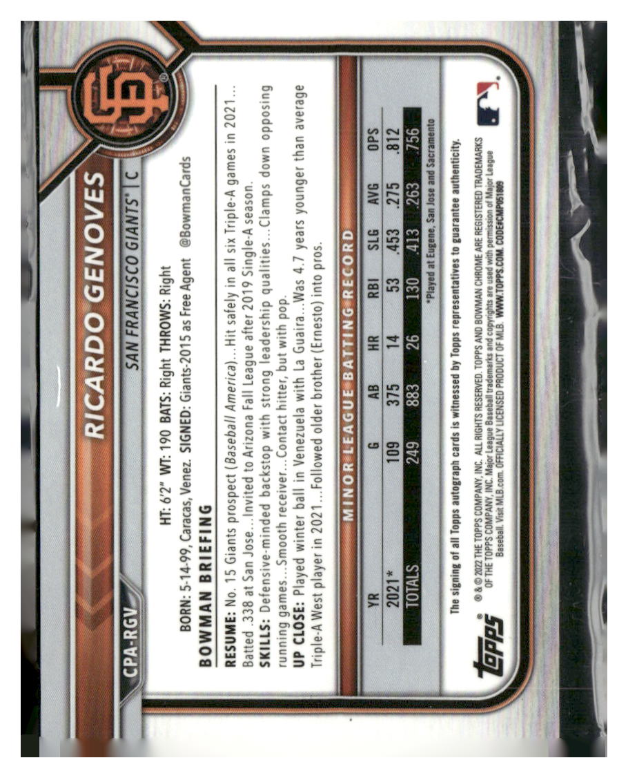 2022 Bowman #CPA-RGV Ricardo Genoves Chrome Prospect Autographs