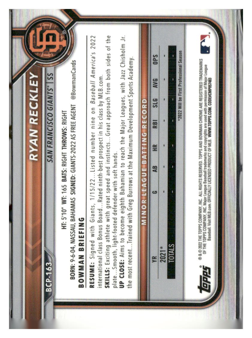 2022 Bowman Chrome Sapphire Edition #BCP-163 Ryan Reckley Prospects