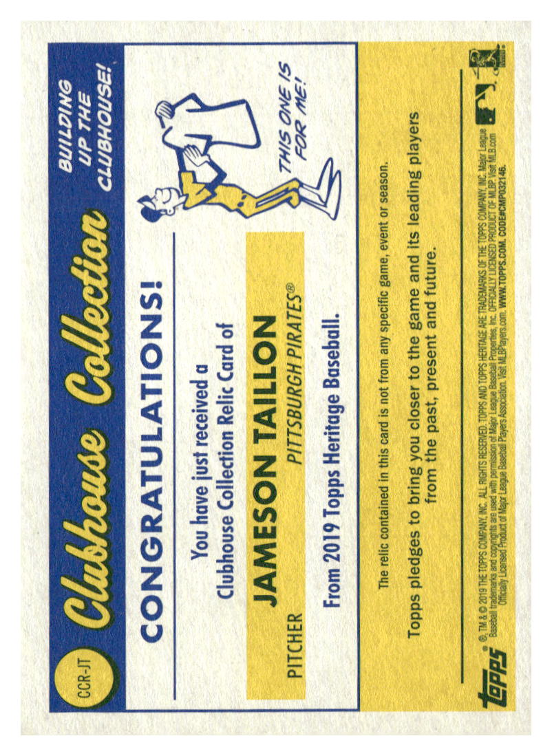 2019 Topps Heritage #CCR-JT Jameson Taillon Clubhouse Collection Relics