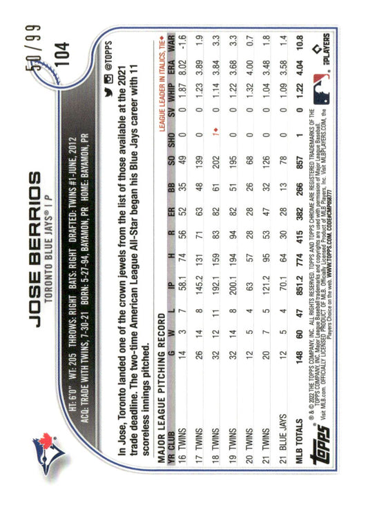 2022 Topps Chrome #104 Jose Berrios Green Refractor #/99