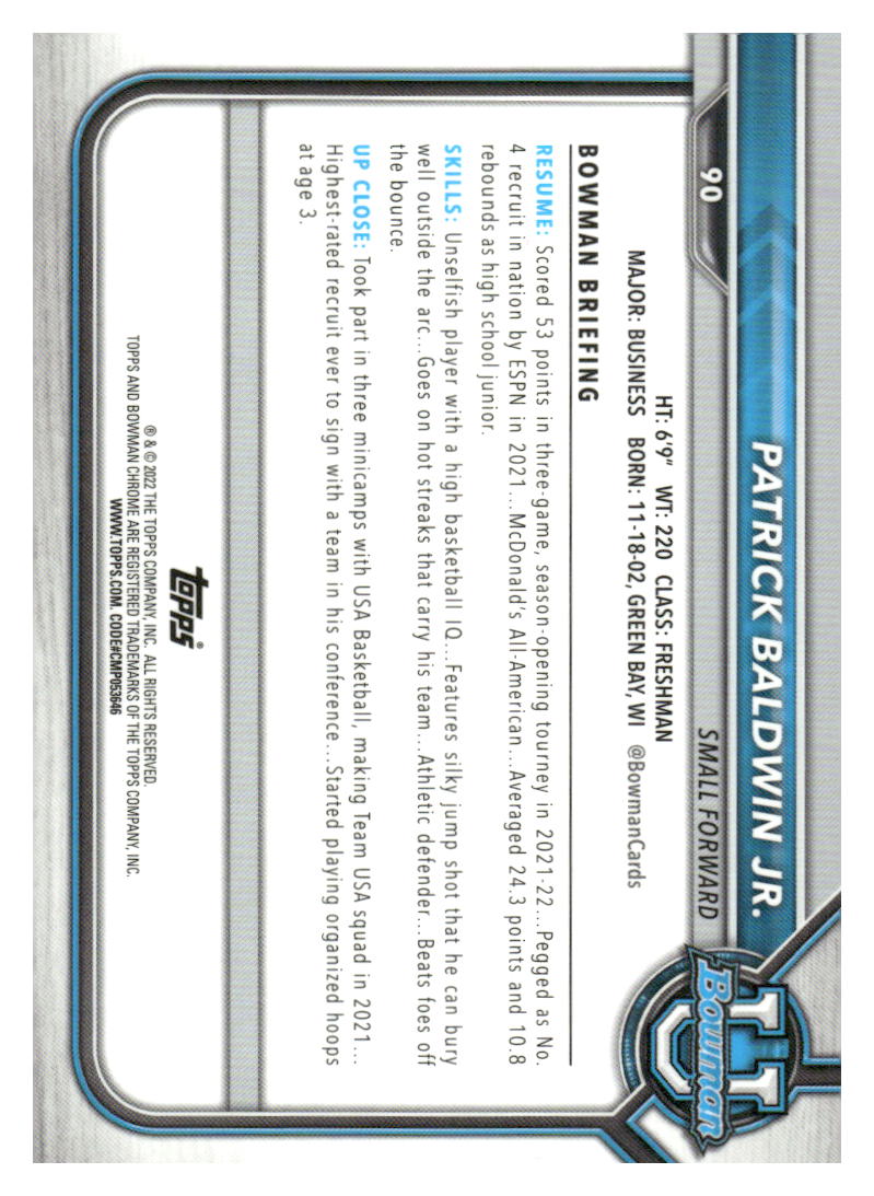 2021-22 Bowman University #90 Patrick Baldwin Jr. Pink