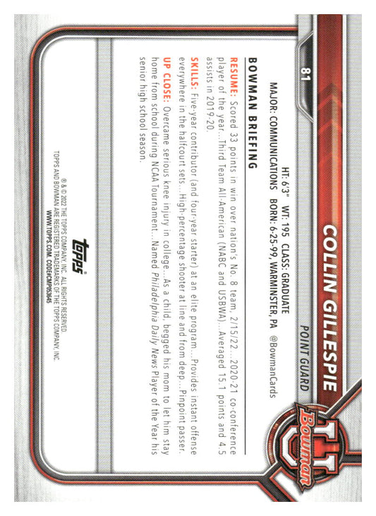 2021-22 Bowman University #81 Collin Gillespie