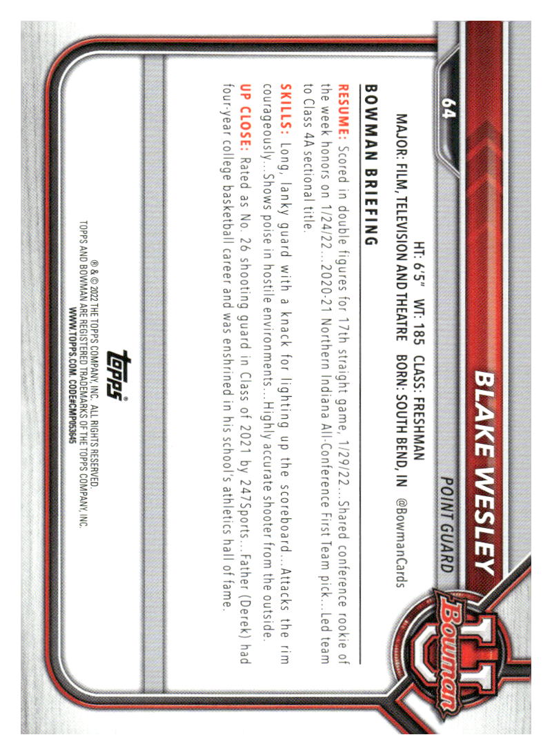 2021-22 Bowman University #64 Blake Wesley