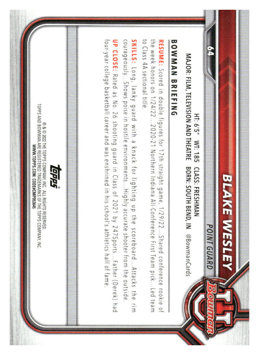 2021-22 Bowman University #64 Blake Wesley