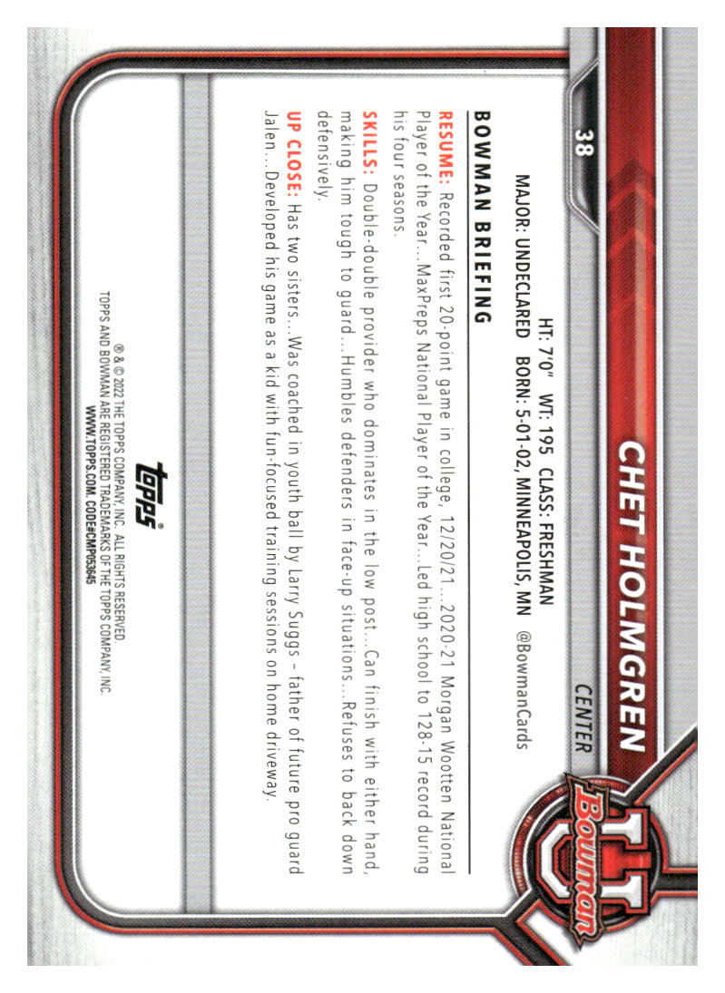 2021-22 Bowman University #38 Chet Holmgren