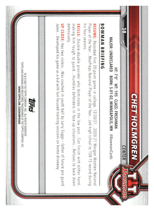2021-22 Bowman University #38 Chet Holmgren