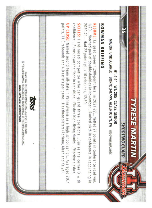 2021-22 Bowman University #36 Tyrese Martin