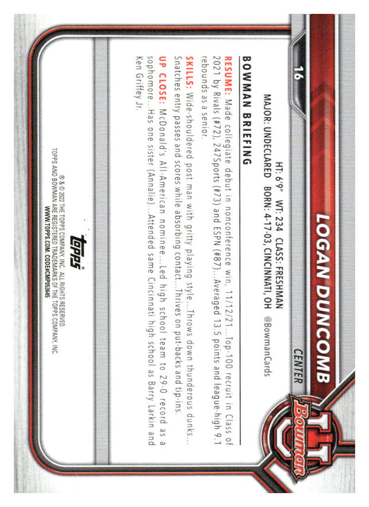 2021-22 Bowman University #16 Logan Duncomb
