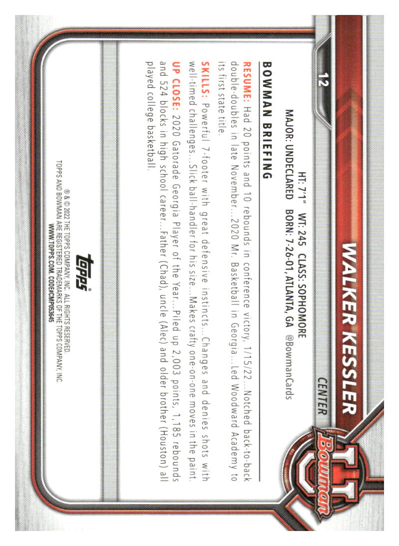 2021-22 Bowman University #12 Walker Kessler