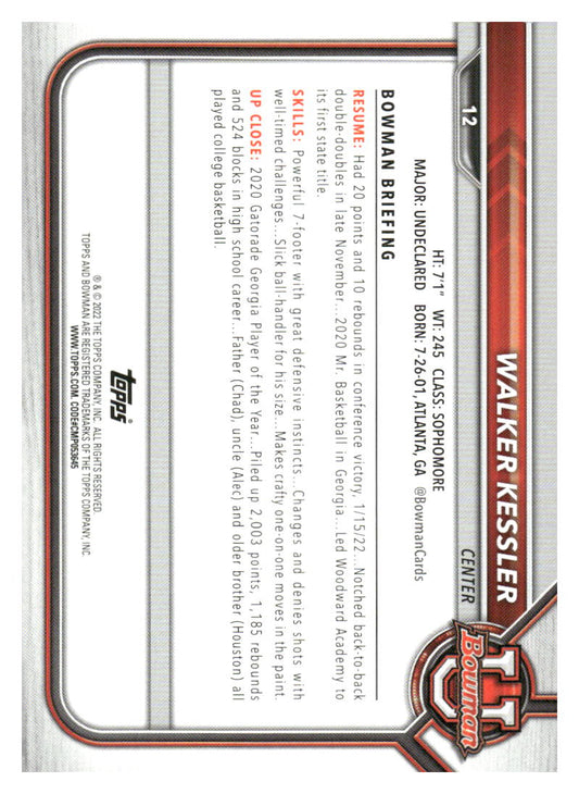 2021-22 Bowman University #12 Walker Kessler