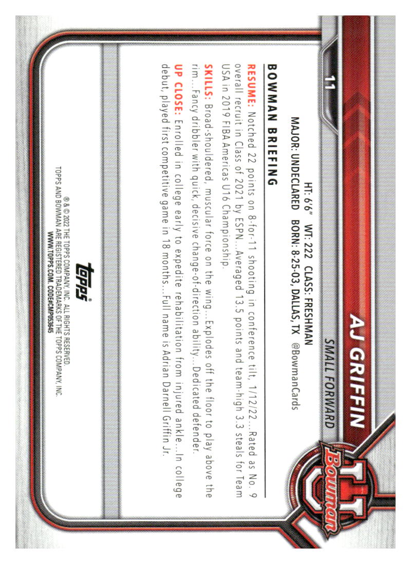 2021-22 Bowman University #11 AJ Griffin