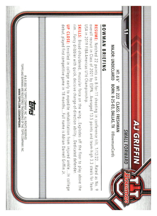 2021-22 Bowman University #11 AJ Griffin
