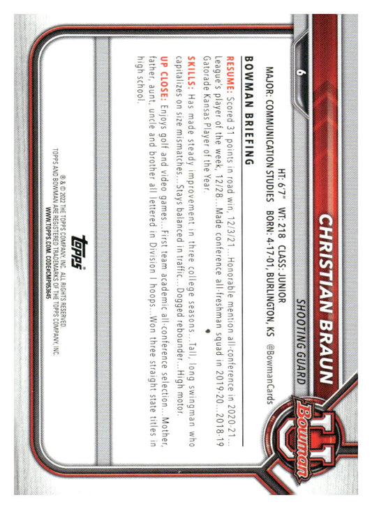 2021-22 Bowman University #6 Christian Braun