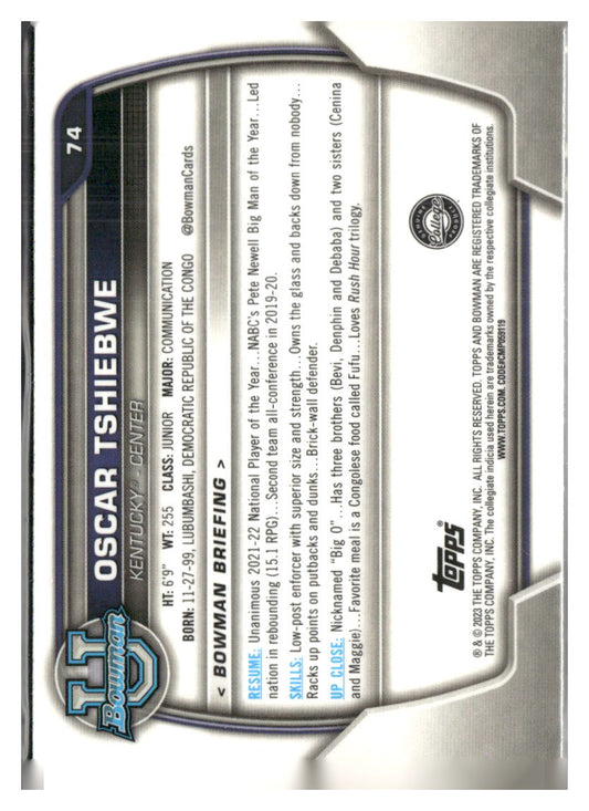 2022-23 Bowman University Chrome #74 Oscar Tshiebwe
