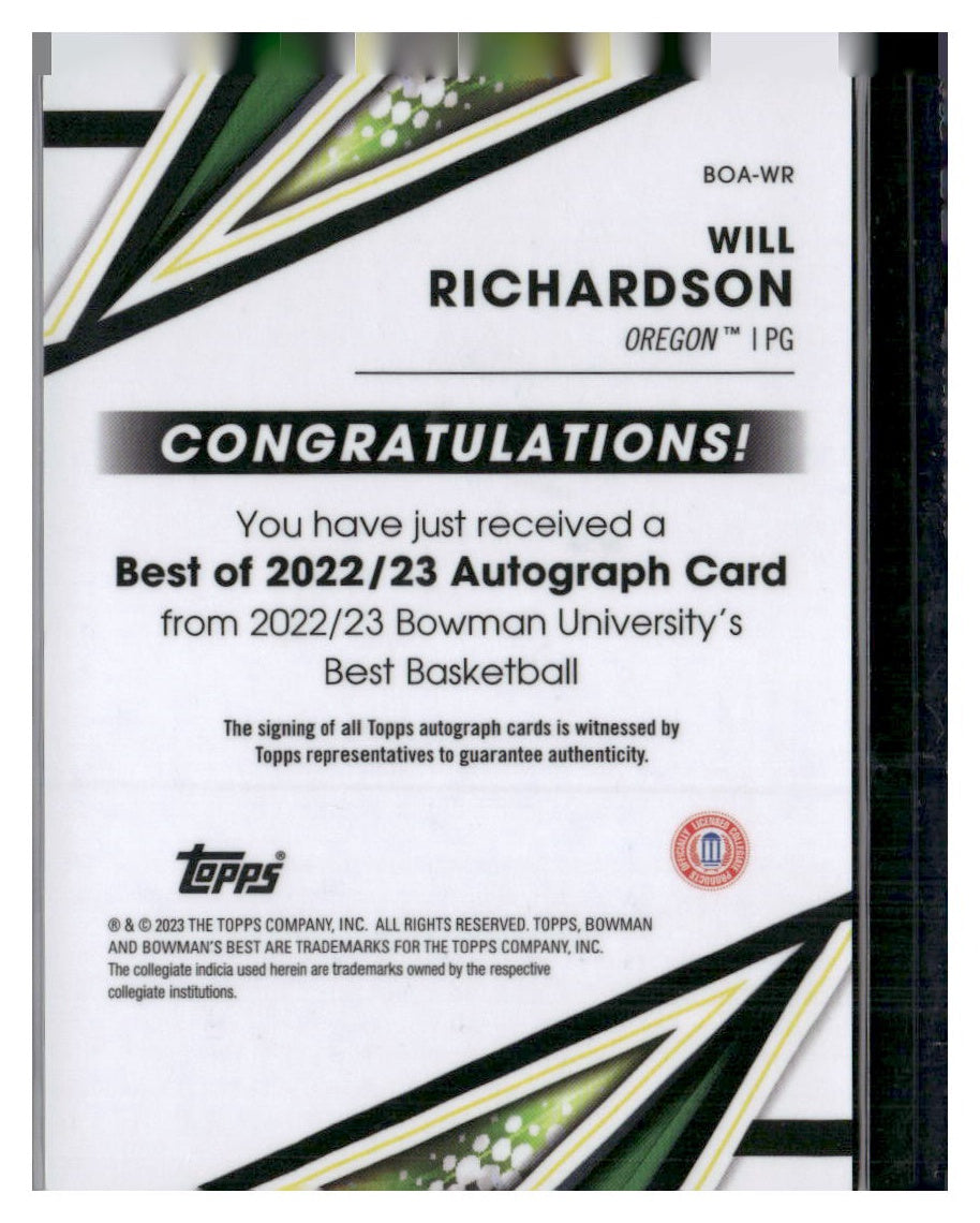 2022-23 Bowman University Best #BOA-WR Will Richardson Autographs Refractors