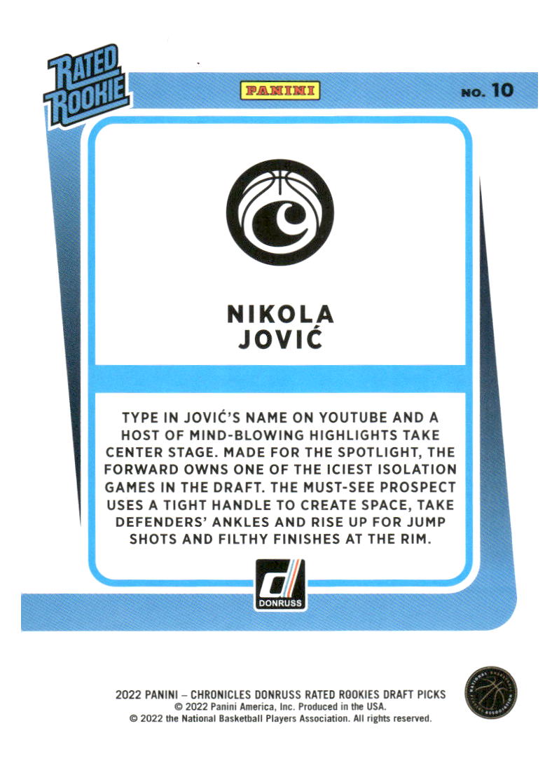 2022 Panini Chronicles Draft Picks #10 Nikola Jovic Donruss Rated Rookies