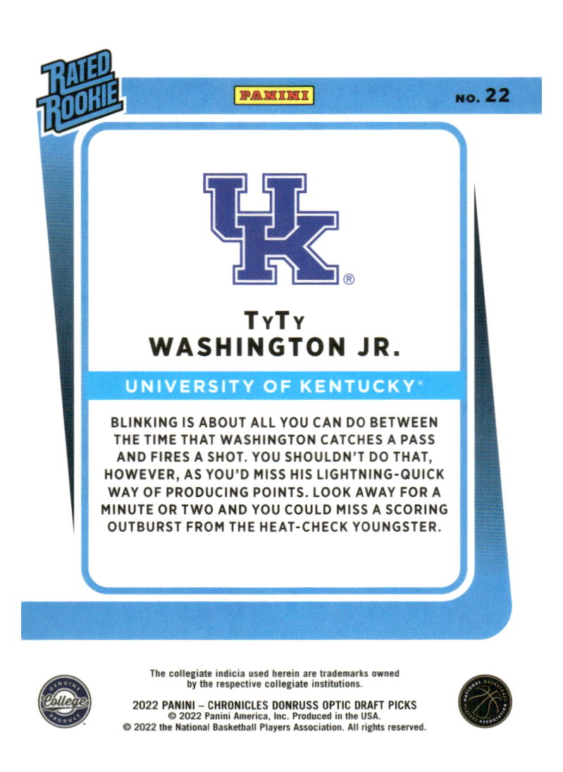 2022 Panini Chronicles Donruss Optic Rated Rookie #22 TyTy Washington Jr.
