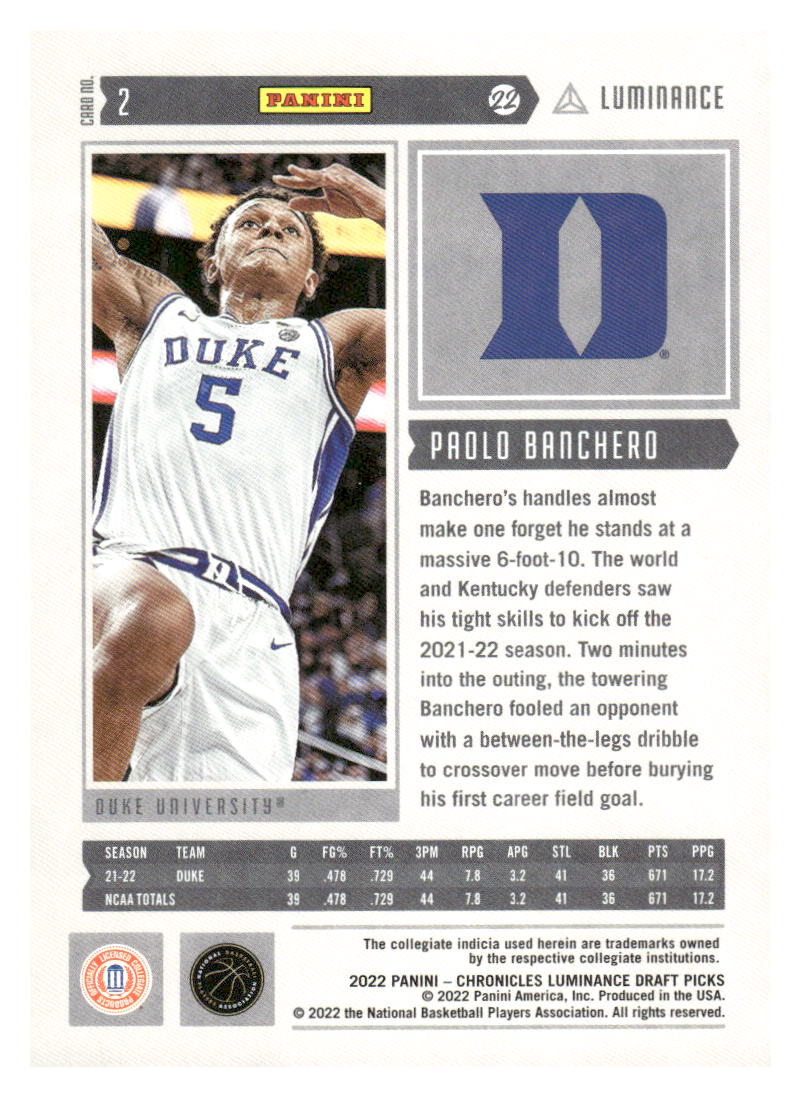 2022 Panini Chronicles Draft Picks #2 Paolo Banchero Luminance