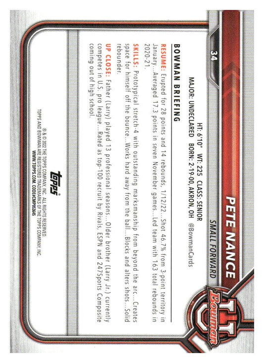 2021-22 Bowman University #34 Pete Nance