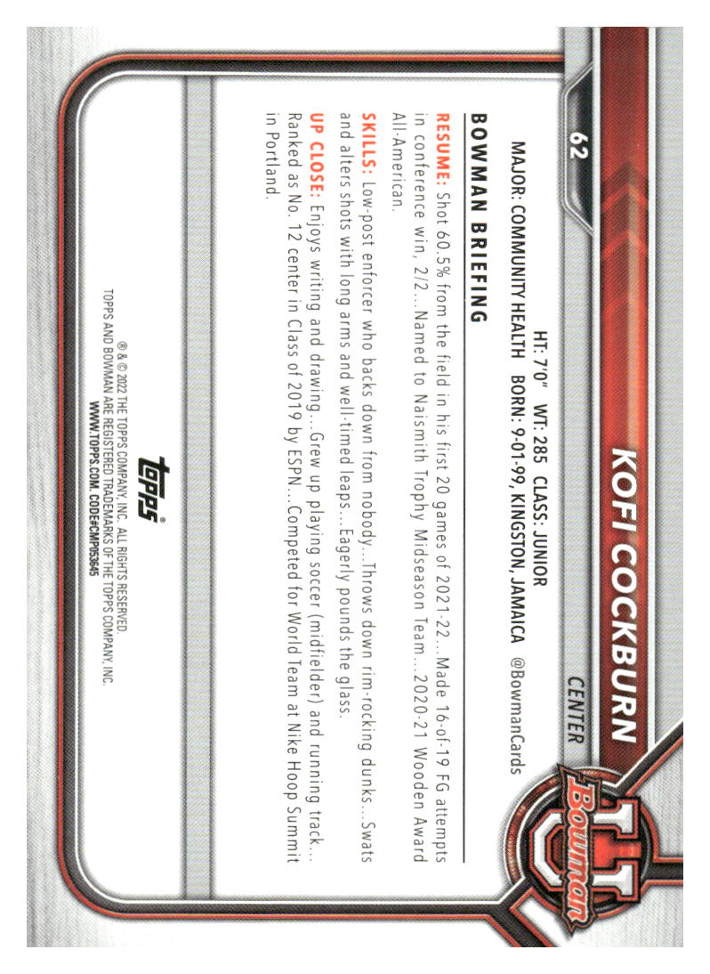 2021-22 Bowman University #62 Kofi Cockburn
