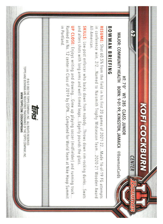 2021-22 Bowman University #62 Kofi Cockburn