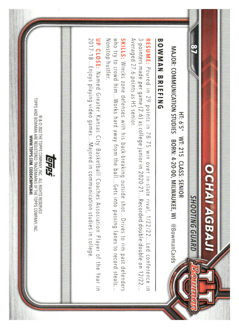 2021-22 Bowman University #87 Ochai Agbaji